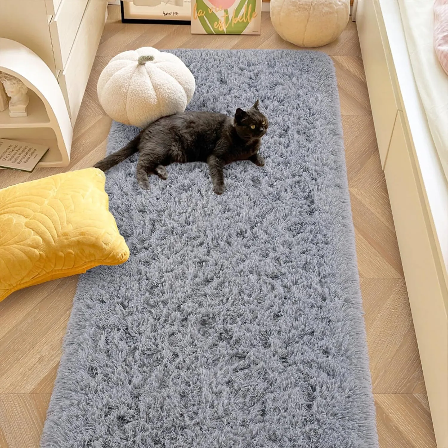 Soft Gray Runner Rugs for Bedroom, 2x6 ft Bedside Rug Plush Fluffy Carpets, Shag Furry Modern Area Rug Carpet for Living Room Girls Kids Room Nursery Home Decor, Gray