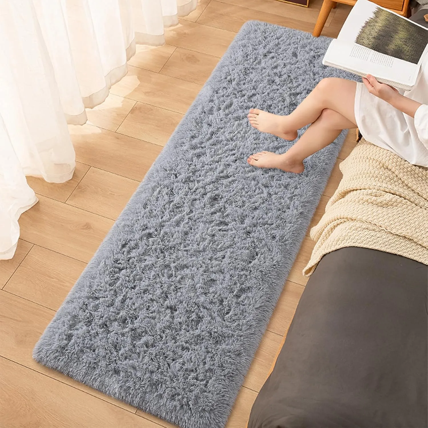 Soft Gray Runner Rugs for Bedroom, 2x6 ft Bedside Rug Plush Fluffy Carpets, Shag Furry Modern Area Rug Carpet for Living Room Girls Kids Room Nursery Home Decor, Gray