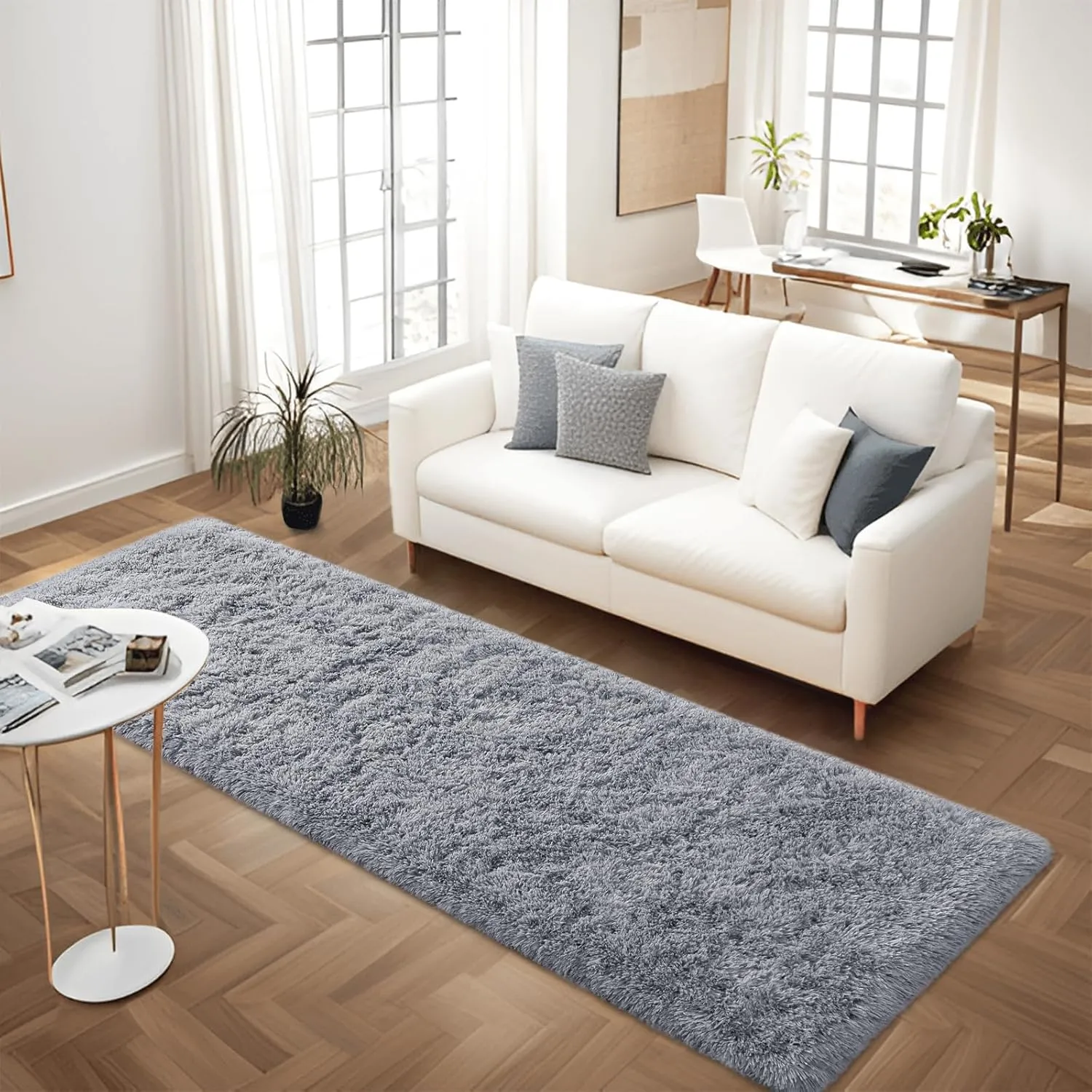 Soft Gray Runner Rugs for Bedroom, 2x6 ft Bedside Rug Plush Fluffy Carpets, Shag Furry Modern Area Rug Carpet for Living Room Girls Kids Room Nursery Home Decor, Gray
