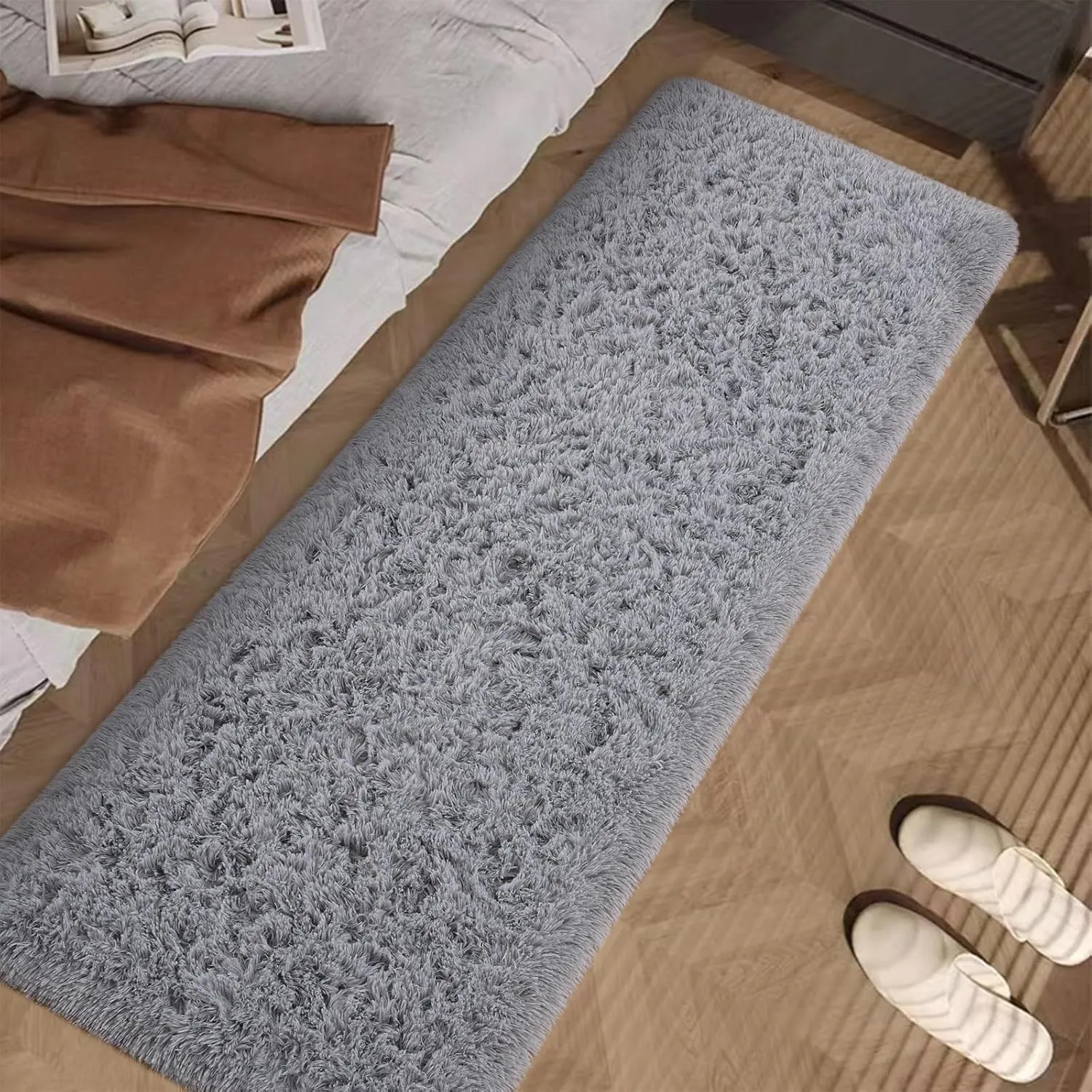 Soft Gray Runner Rugs for Bedroom, 2x6 ft Bedside Rug Plush Fluffy Carpets, Shag Furry Modern Area Rug Carpet for Living Room Girls Kids Room Nursery Home Decor, Gray