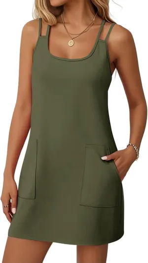 Summer Dresses for Women 2025 Sleeveless Spaghetti Strap Sexy Scoop Neck Tank Dress Casual Mini Sundress with Pocket