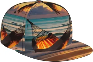 Sunset Beach Hammock Fashion Baseball Cap, Suitable for All Seasons Daily Outing Sports Cap, Sports Unisex Adjustable Flat Brim hat Black