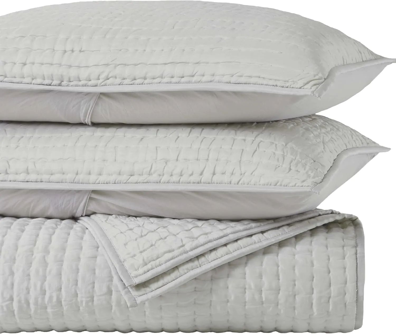 Superior 100% Silk Pick Stitch 3-Piece Quilt Set, 1 Medium Weight All-Season Coverlet, 2 Pillow Shams, Luxury Sets, Handmade Comfy Home Bedding, Cotton Fill, Bella Collection, Queen Size, Grey/Silver