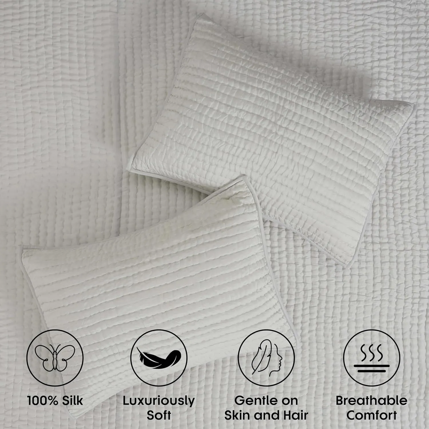 Superior 100% Silk Pick Stitch 3-Piece Quilt Set, 1 Medium Weight All-Season Coverlet, 2 Pillow Shams, Luxury Sets, Handmade Comfy Home Bedding, Cotton Fill, Bella Collection, Queen Size, Grey/Silver