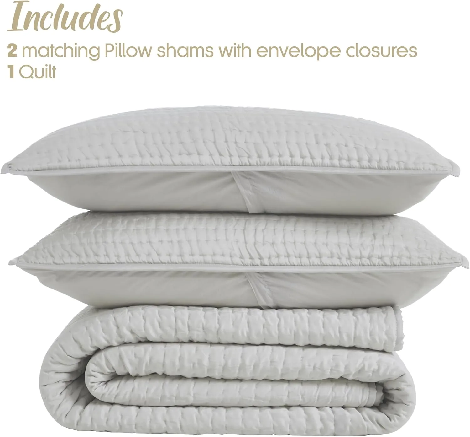 Superior 100% Silk Pick Stitch 3-Piece Quilt Set, 1 Medium Weight All-Season Coverlet, 2 Pillow Shams, Luxury Sets, Handmade Comfy Home Bedding, Cotton Fill, Bella Collection, Queen Size, Grey/Silver