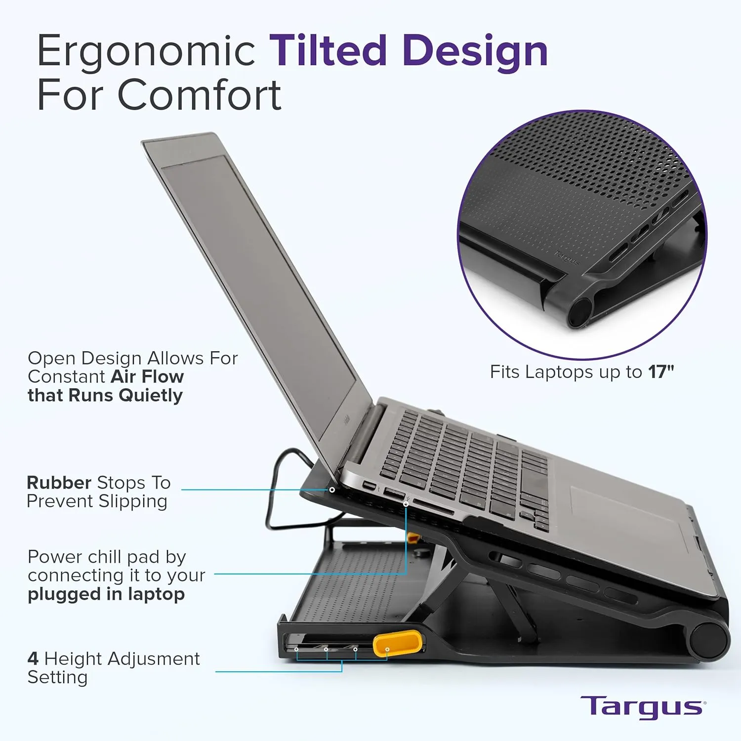 Targus 17" Dual Fan Laptop Chill Mat Plus, Ergonomic Cooling Pad, Heat Protection, 4-Port USB Hub Laptop Fan, (AWE81US)