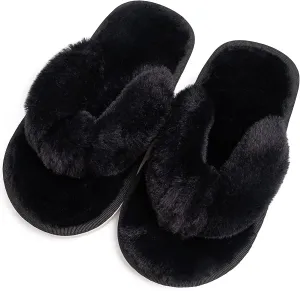 techcity Boys Girls Fuzzy Flip Flop Slippers Kids Cute Soft Comfy Open Toe Fluffy Slip On Thong Flat Sandals House Home Fur Slides Indoor Outdoor