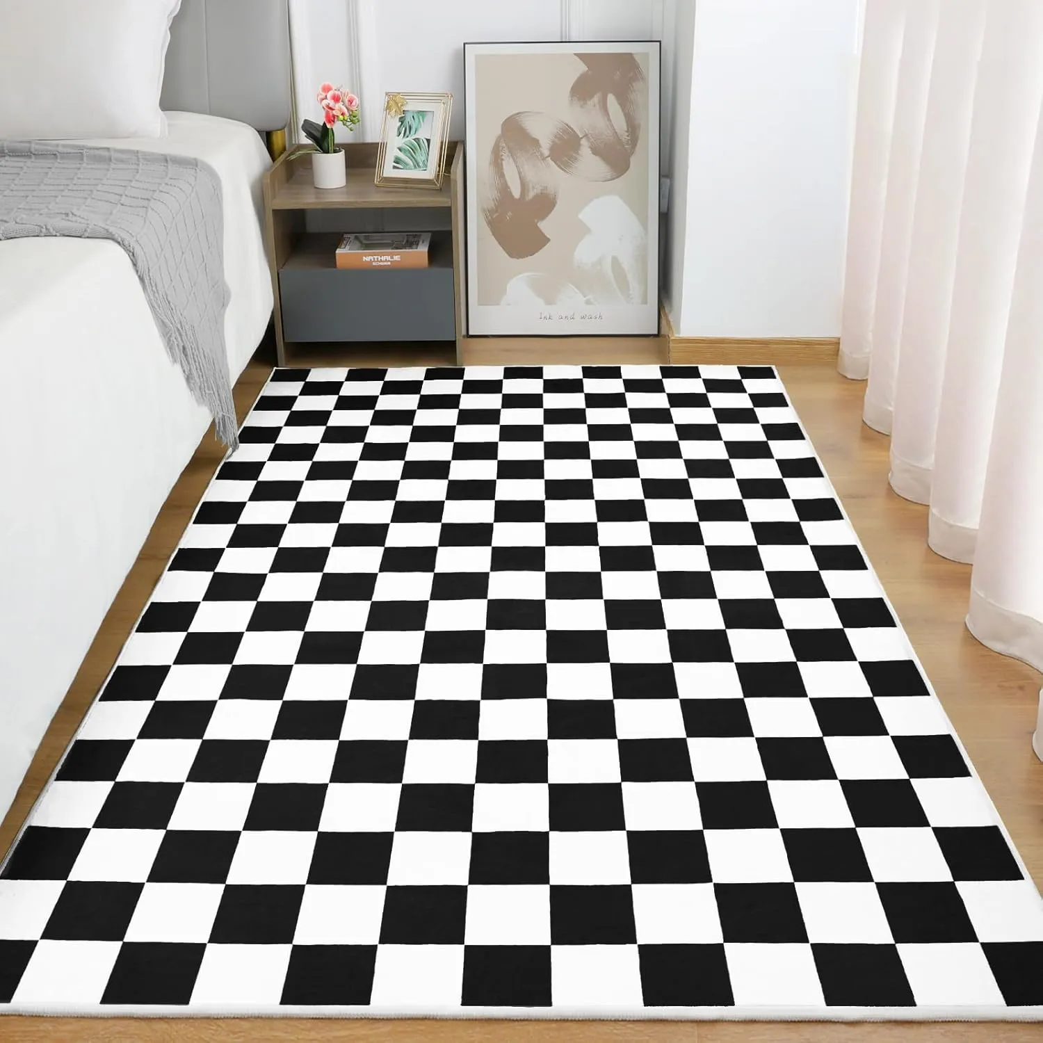 Terrug Black and White Checkered Rug for Living Room Bedroom, 4x6 Soft Washable Area Rug with Non Slip, Low Pile Stain Resistance Carpet for Kids Room Entryway Kitchen Dorm