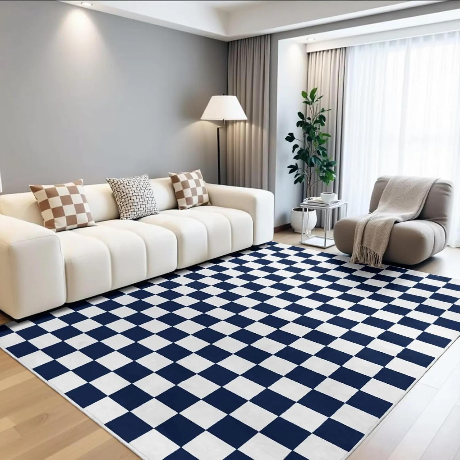 Terrug Navy and White Checkered Rug for Living Room Bedroom, 4x6 Soft Washable Area Rug with Non Slip, Low Pile Stain Resistance Carpet for Kids Room Entryway Kitchen Dorm