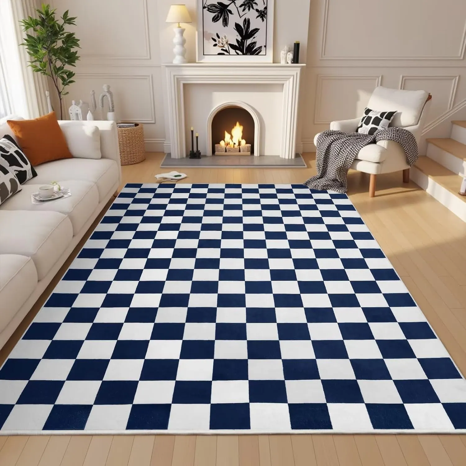 Terrug Navy and White Checkered Rug for Living Room Bedroom, 4x6 Soft Washable Area Rug with Non Slip, Low Pile Stain Resistance Carpet for Kids Room Entryway Kitchen Dorm
