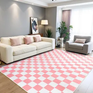 Terrug Pink and White Checkered Rug for Living Room Bedroom, 4x6 Soft Washable Area Rug with Non Slip, Low Pile Stain Resistance Carpet for Kids Room Entryway Kitchen Dorm