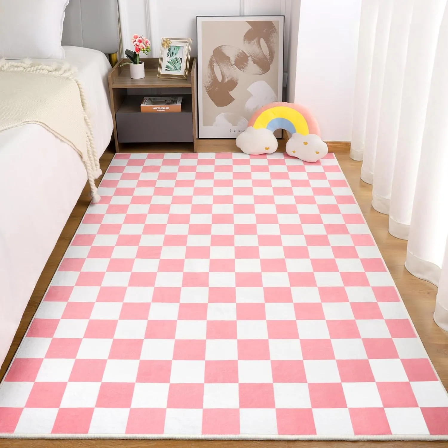 Terrug Pink and White Checkered Rug for Living Room Bedroom, 4x6 Soft Washable Area Rug with Non Slip, Low Pile Stain Resistance Carpet for Kids Room Entryway Kitchen Dorm