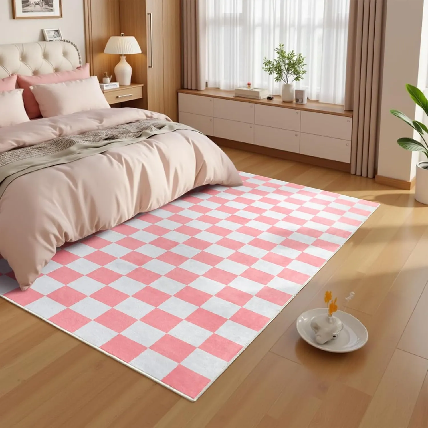 Terrug Pink and White Checkered Rug for Living Room Bedroom, 4x6 Soft Washable Area Rug with Non Slip, Low Pile Stain Resistance Carpet for Kids Room Entryway Kitchen Dorm