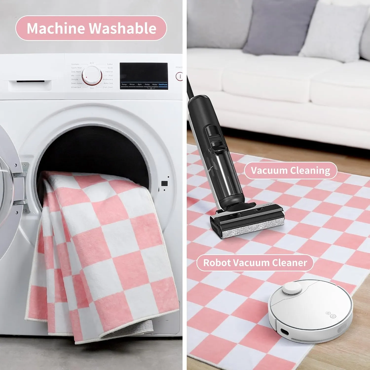 Terrug Pink and White Checkered Rug for Living Room Bedroom, 4x6 Soft Washable Area Rug with Non Slip, Low Pile Stain Resistance Carpet for Kids Room Entryway Kitchen Dorm