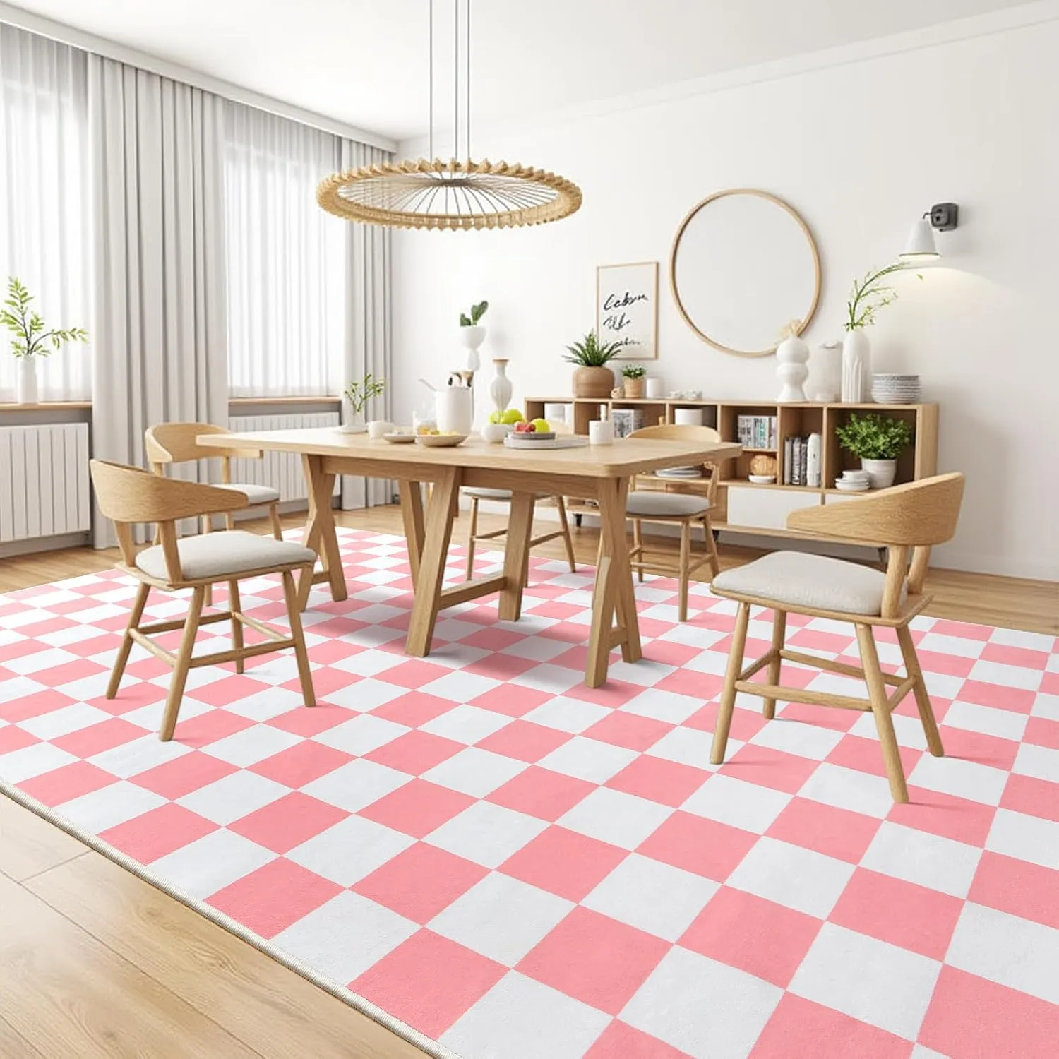 Terrug Pink and White Checkered Rug for Living Room Bedroom, 4x6 Soft Washable Area Rug with Non Slip, Low Pile Stain Resistance Carpet for Kids Room Entryway Kitchen Dorm