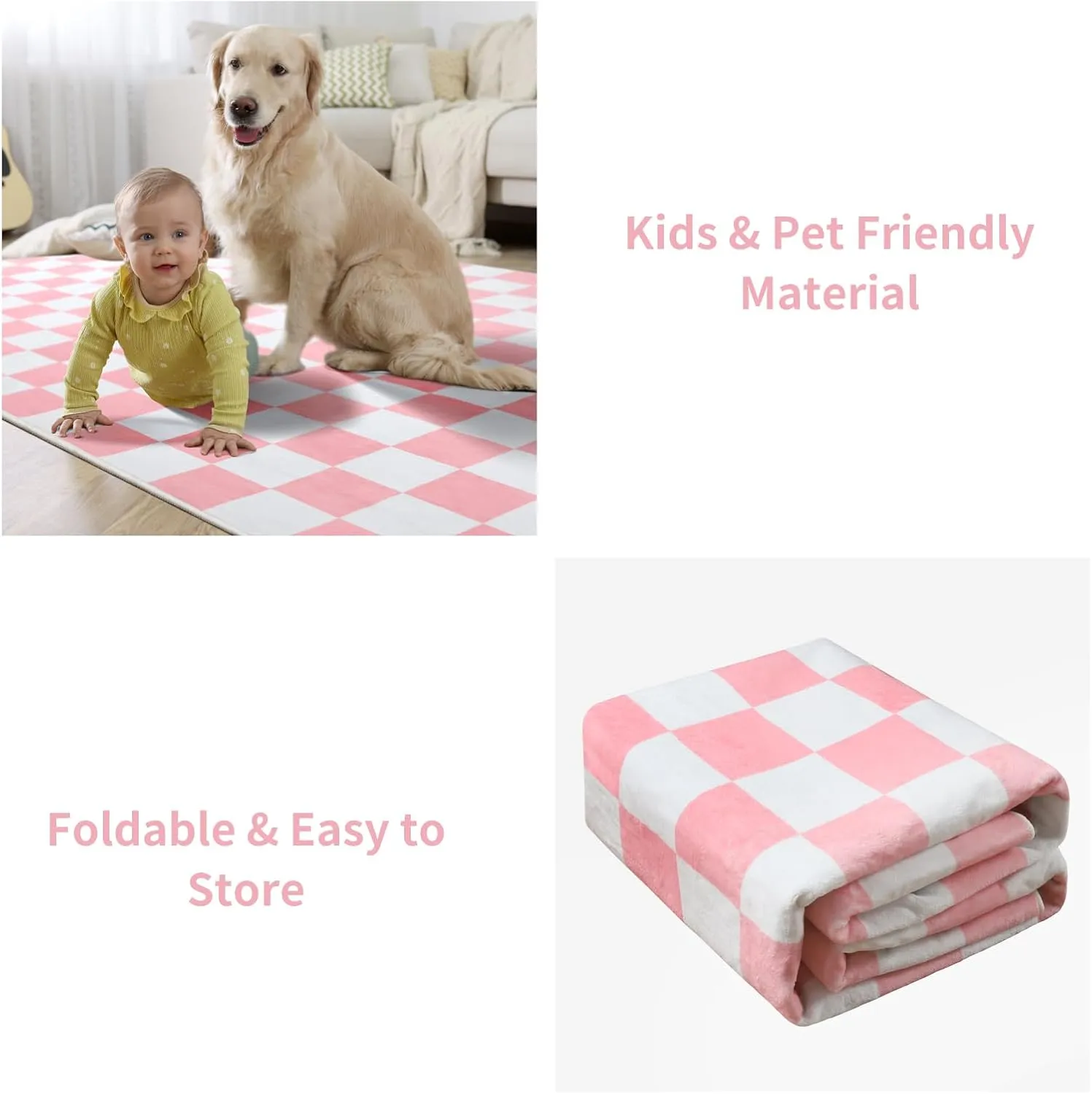 Terrug Pink and White Checkered Rug for Living Room Bedroom, 4x6 Soft Washable Area Rug with Non Slip, Low Pile Stain Resistance Carpet for Kids Room Entryway Kitchen Dorm