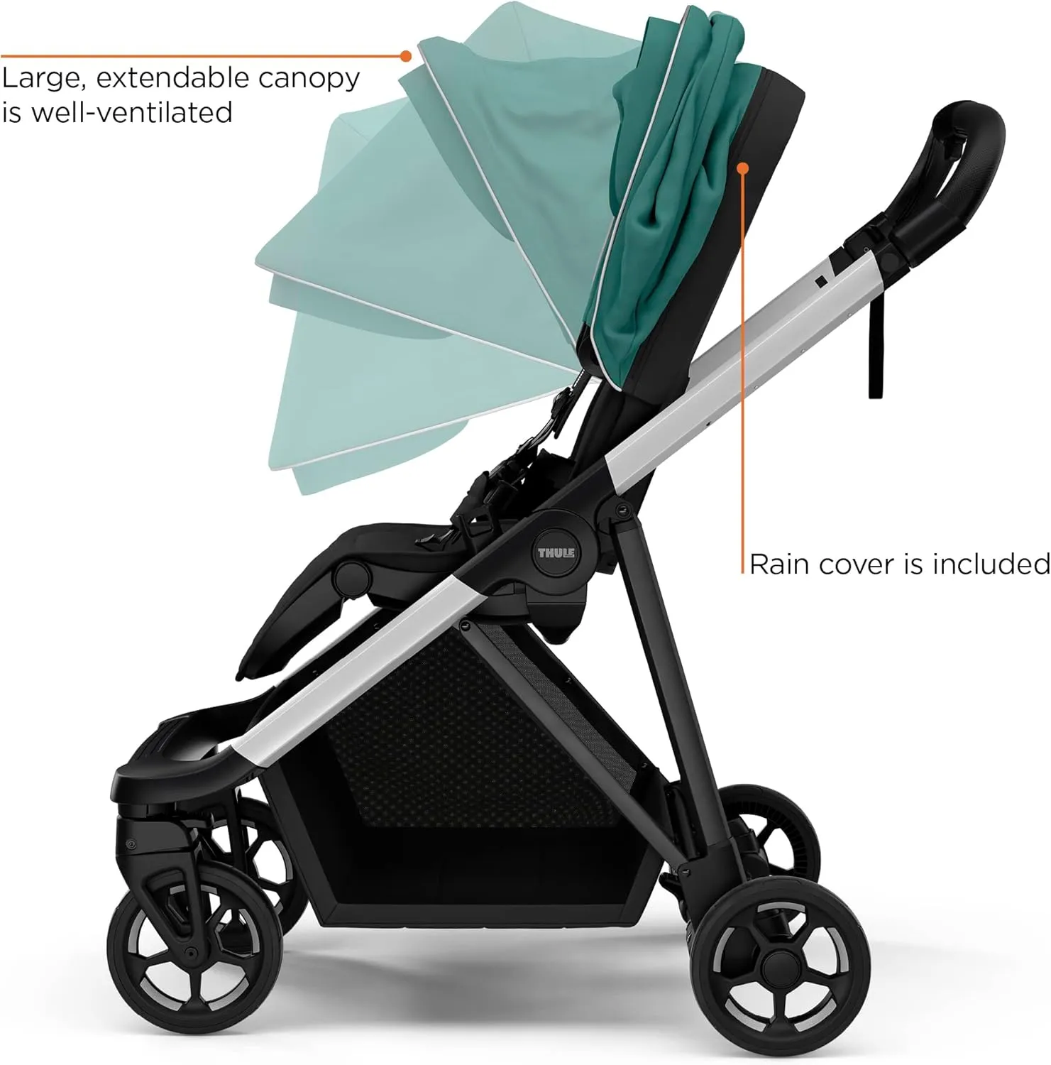 Thule Shine baby stroller, Full-size stroller features, Compact and lightweight design, Reversible seat, Spacious storage basket, Adjustable leg rest, Easy one-hand fold