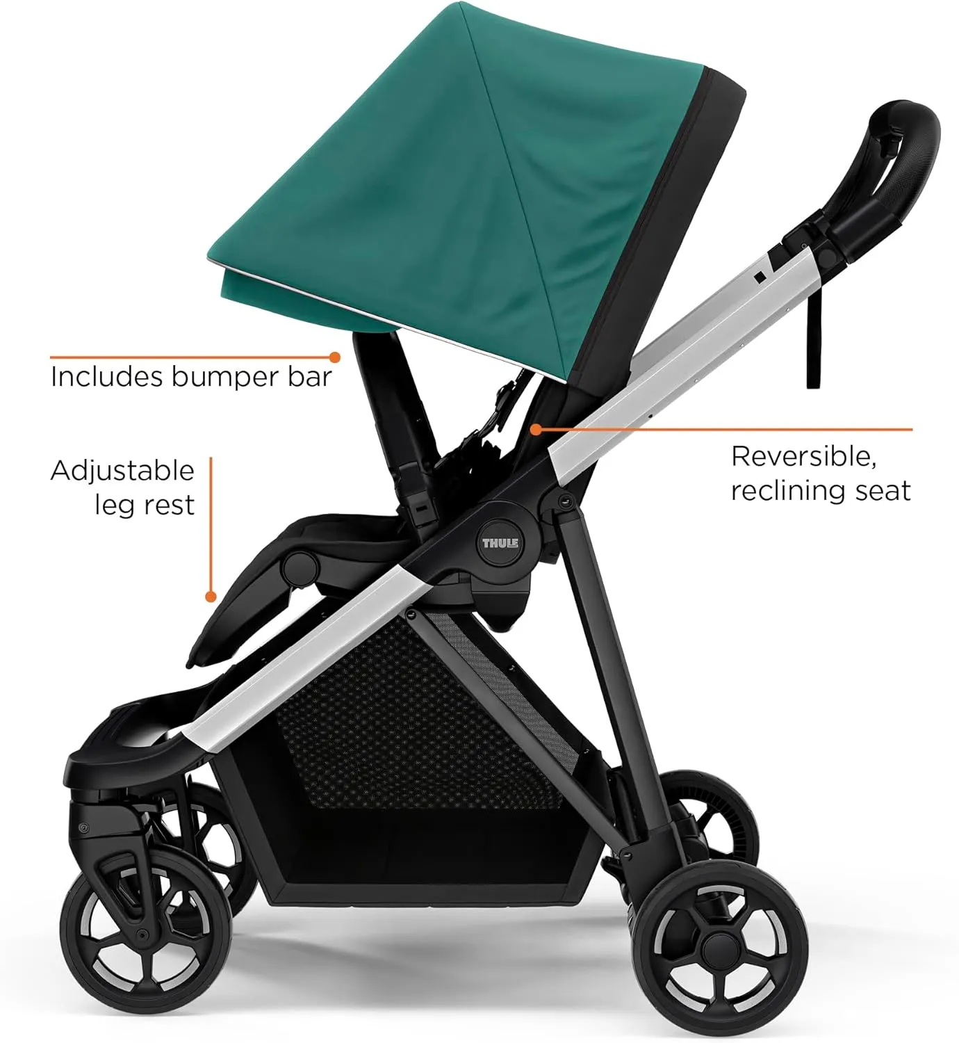 Thule Shine baby stroller, Full-size stroller features, Compact and lightweight design, Reversible seat, Spacious storage basket, Adjustable leg rest, Easy one-hand fold