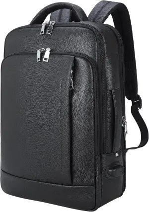 TIDING Slim Leather 15.6" Laptop Backpack For Men & Women, Black Expandable Work Business Daypack with USB Charging Port
