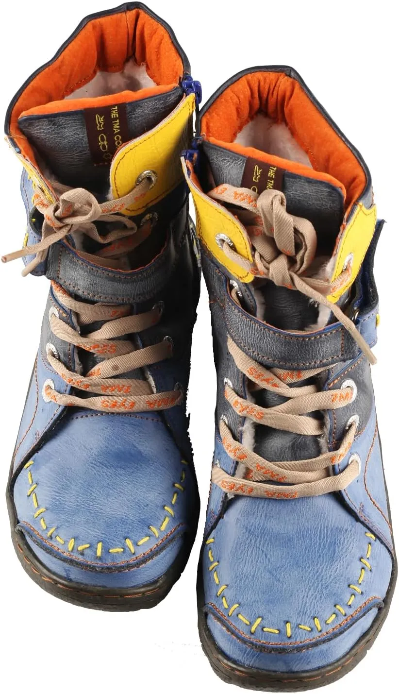 TMA EYES Women's lace-up leather casual ankle boots fashion non-slip and patchwork with handstitching upper Boots