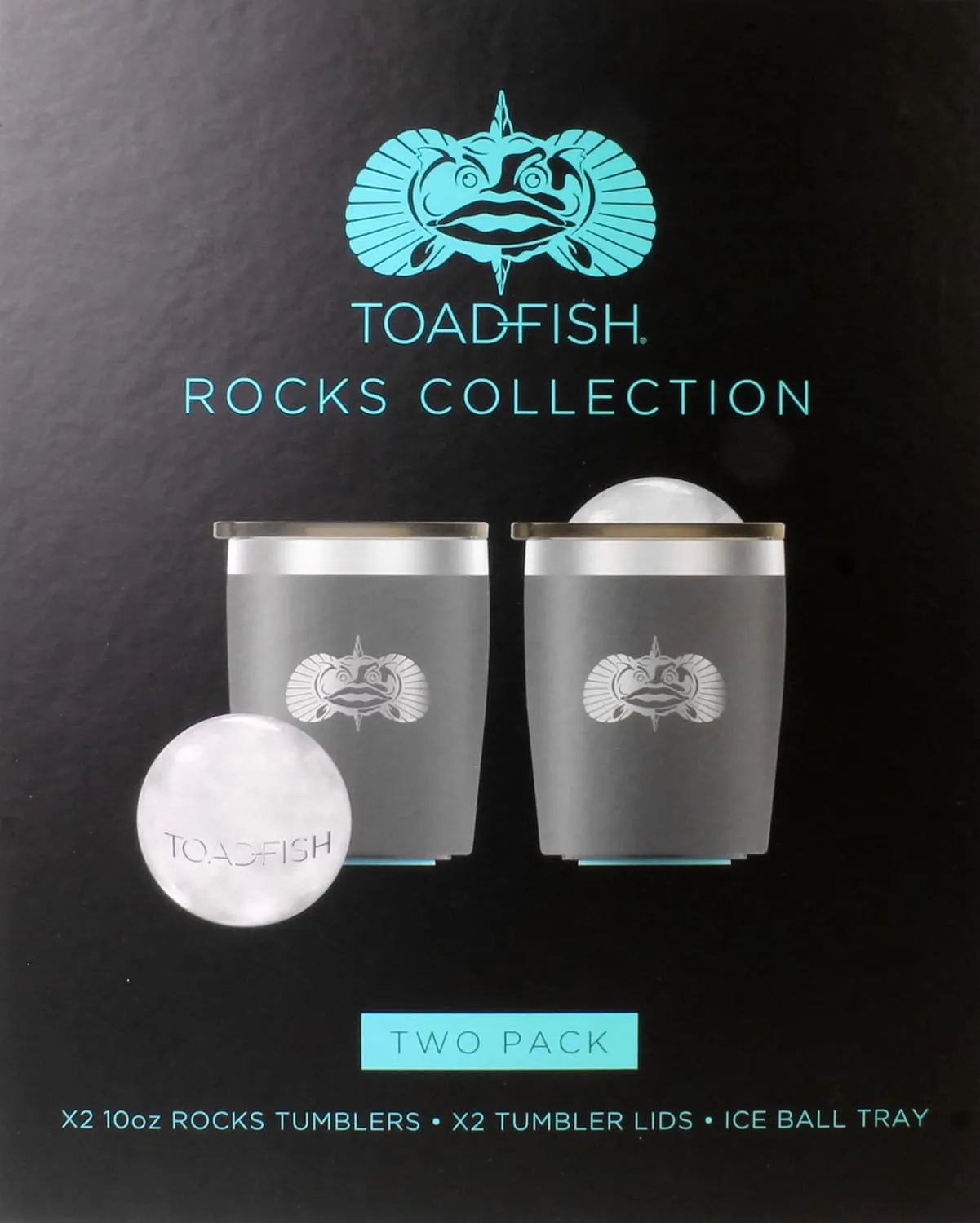 Toadfish Non-tipping 10oz Double Wall Insulated Stainless Steel Rocks Tumbler 2-Pack Gift Set w/Ice Ball Tray & Easy Slide Lid - Graphite