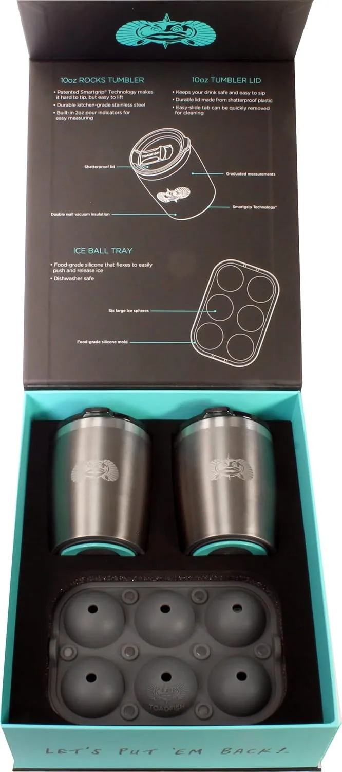 Toadfish Non-tipping 10oz Double Wall Insulated Stainless Steel Rocks Tumbler 2-Pack Gift Set w/Ice Ball Tray & Easy Slide Lid - Graphite