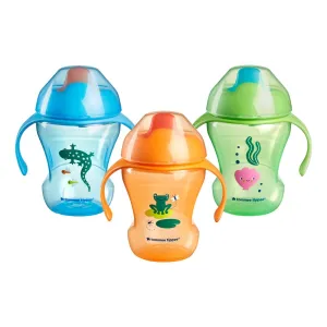 Tommee Tippee Trainer Sippee Cup, 7m , 8oz, Pack of 3 Non-Spill Trainer Cups for Toddlers, Blue, Orange and Green, with Bite-Resistant Spout and Easy-Hold Handles, Travel Friendly and BPA Free