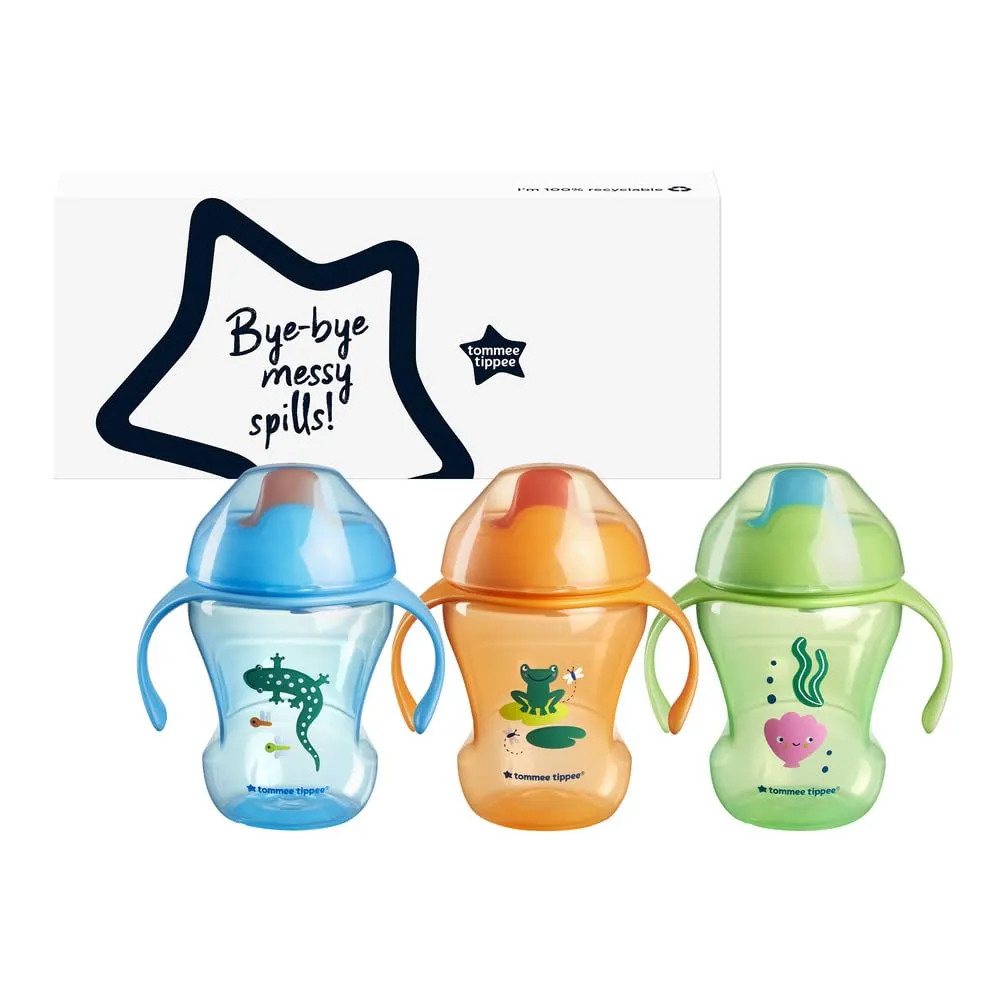 Tommee Tippee Trainer Sippee Cup, 7m , 8oz, Pack of 3 Non-Spill Trainer Cups for Toddlers, Blue, Orange and Green, with Bite-Resistant Spout and Easy-Hold Handles, Travel Friendly and BPA Free