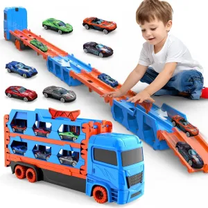 Transport Truck Toy for Kids, 61-Inch Dual Race Track & Eject Car, 6 Metal Cars, Blue, 3  Years