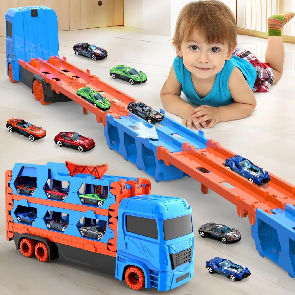 Transport Truck Toy for Kids, 61-Inch Dual Race Track & Eject Car, 6 Metal Cars, Blue, 3  Years