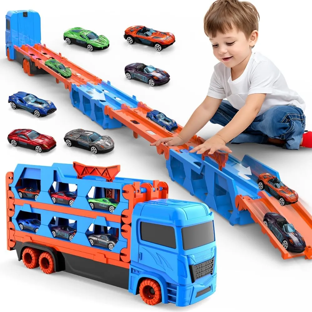 Transport Truck Toy for Kids, 61-Inch Dual Race Track & Eject Car, 6 Metal Cars, Blue, 3  Years