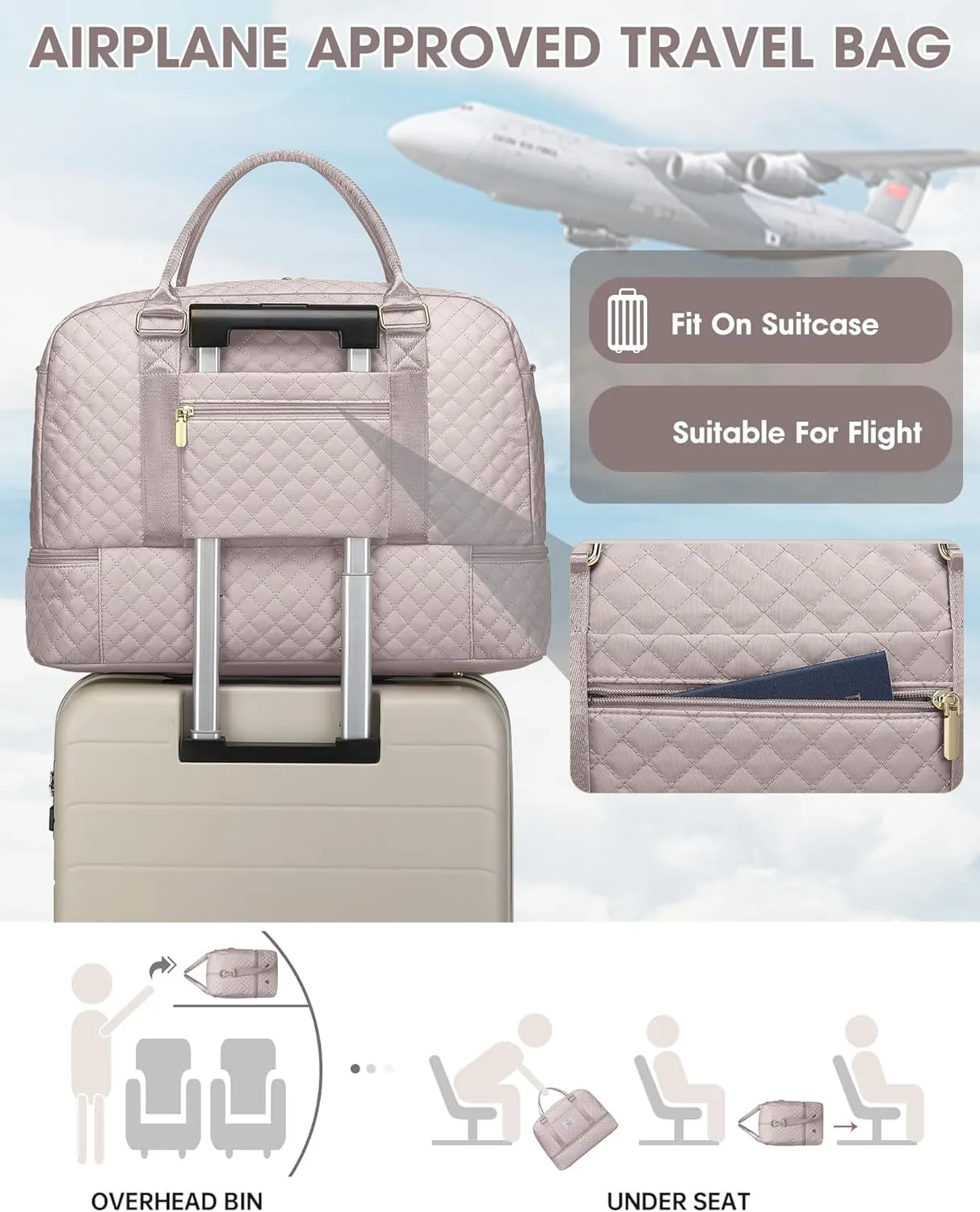 Travel Duffle Weekender Bags for Women: Overnight Bag with Shoe Compartment Carry On Bags with Toiletry & Wet Pocket Large Tote Hospital for Women Labor Delivery Nude color