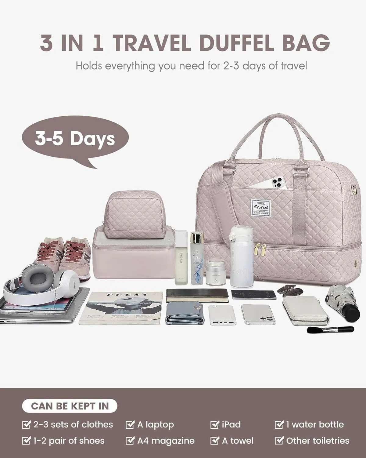 Travel Duffle Weekender Bags for Women: Overnight Bag with Shoe Compartment Carry On Bags with Toiletry & Wet Pocket Large Tote Hospital for Women Labor Delivery Nude color
