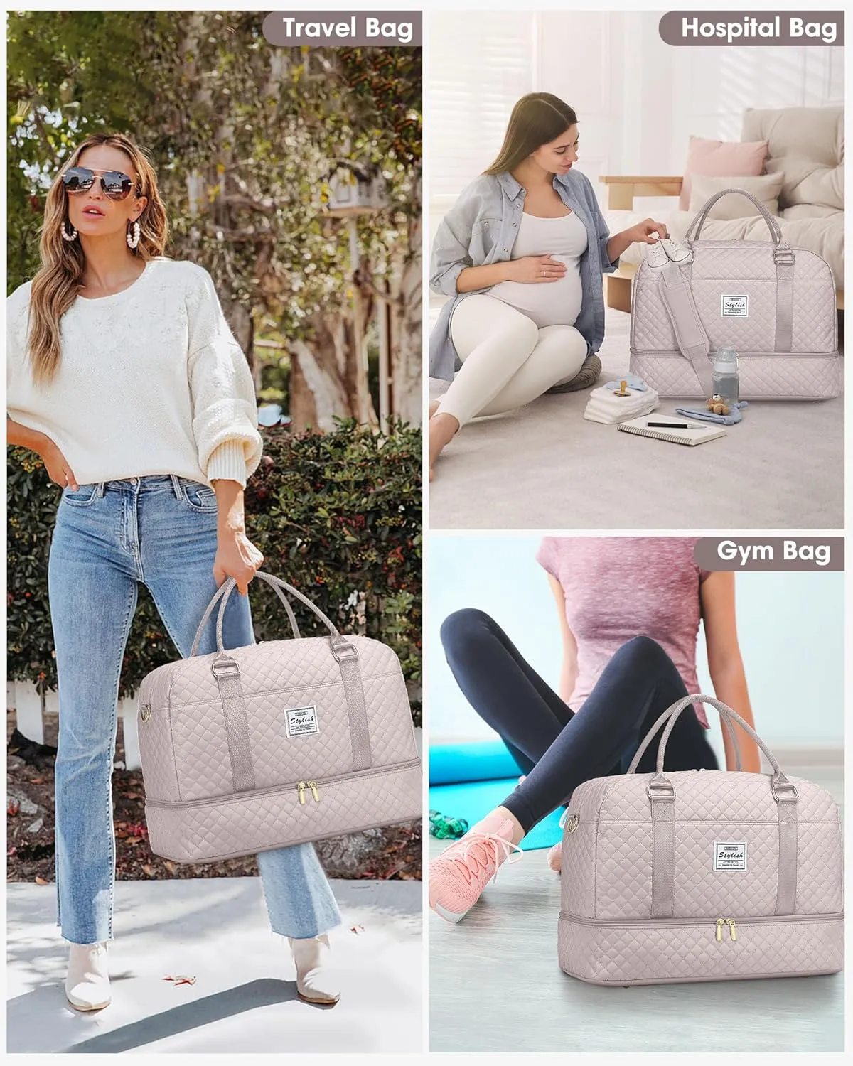 Travel Duffle Weekender Bags for Women: Overnight Bag with Shoe Compartment Carry On Bags with Toiletry & Wet Pocket Large Tote Hospital for Women Labor Delivery Nude color