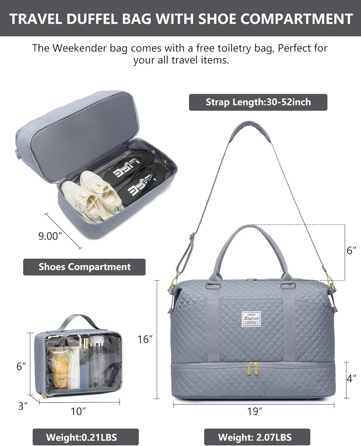 Travel Overnight Bag Weekender Bags- Duffle Bags Women with Shoe Compartment Carry on Overnight Bag with Toiletry Gym Duffel with Wet Pocket Hospital Bags Grey