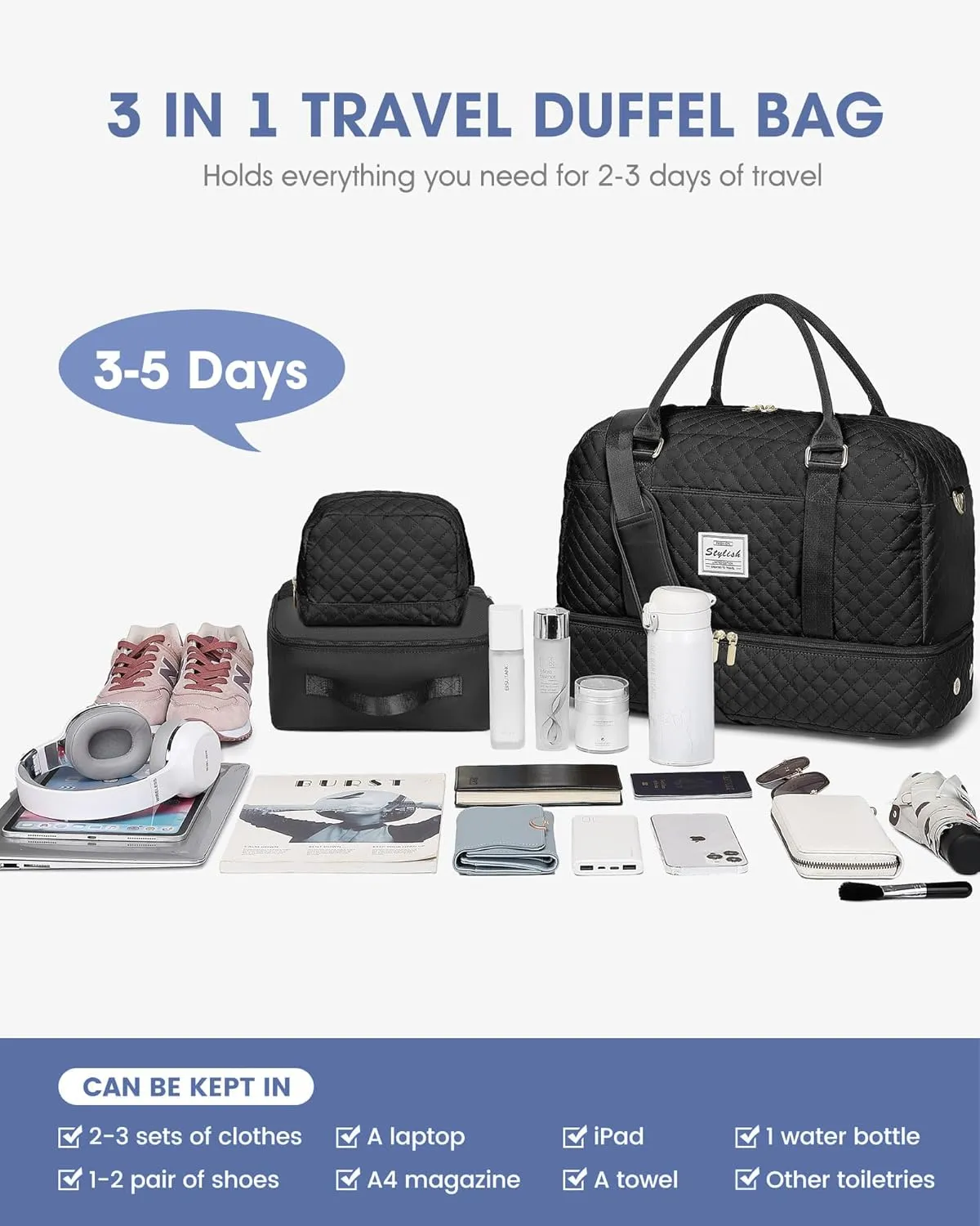 Travel Weekender Bag for Women: Travel Duffle Bag with Shoe Compartment Carry on Overnight Bag for Women Yoga Gym Duffel Bag with Wet Pocket Hospital Bags for Labor and Delivery Black