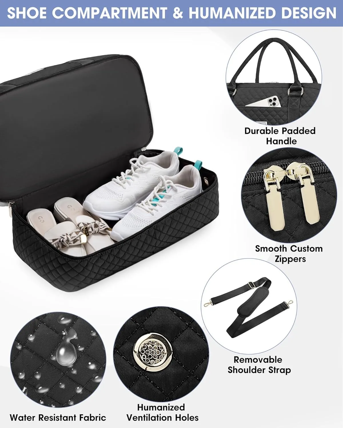 Travel Weekender Bag for Women: Travel Duffle Bag with Shoe Compartment Carry on Overnight Bag for Women Yoga Gym Duffel Bag with Wet Pocket Hospital Bags for Labor and Delivery Black