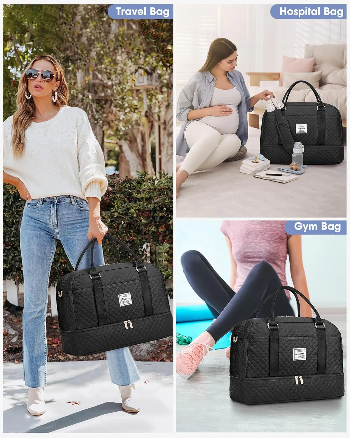 Travel Weekender Bag for Women: Travel Duffle Bag with Shoe Compartment Carry on Overnight Bag for Women Yoga Gym Duffel Bag with Wet Pocket Hospital Bags for Labor and Delivery Black