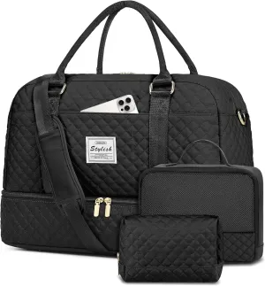 Travel Weekender Bag for Women: Travel Duffle Bag with Shoe Compartment Carry on Overnight Bag for Women Yoga Gym Duffel Bag with Wet Pocket Hospital Bags for Labor and Delivery Black