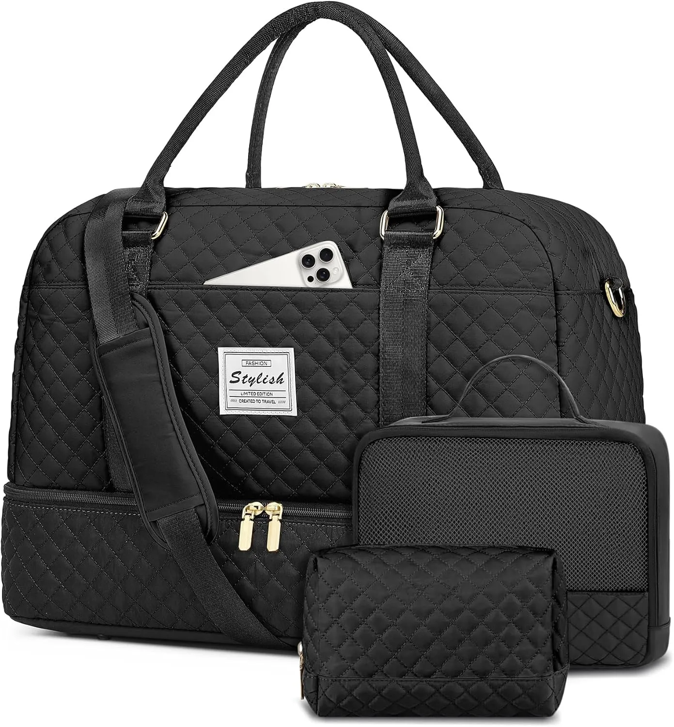 Travel Weekender Bag for Women: Travel Duffle Bag with Shoe Compartment Carry on Overnight Bag for Women Yoga Gym Duffel Bag with Wet Pocket Hospital Bags for Labor and Delivery Black