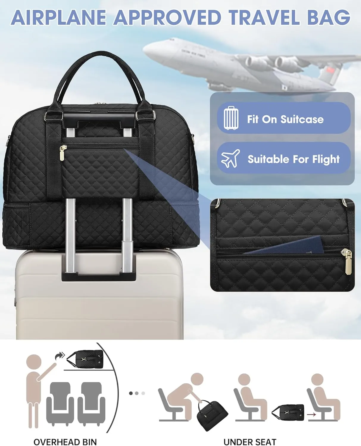 Travel Weekender Bag for Women: Travel Duffle Bag with Shoe Compartment Carry on Overnight Bag for Women Yoga Gym Duffel Bag with Wet Pocket Hospital Bags for Labor and Delivery Black