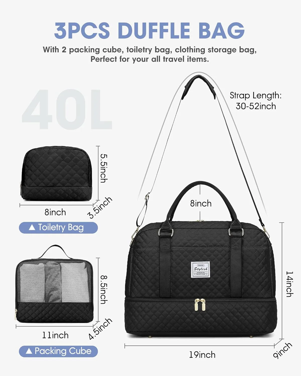 Travel Weekender Bag for Women: Travel Duffle Bag with Shoe Compartment Carry on Overnight Bag for Women Yoga Gym Duffel Bag with Wet Pocket Hospital Bags for Labor and Delivery Black