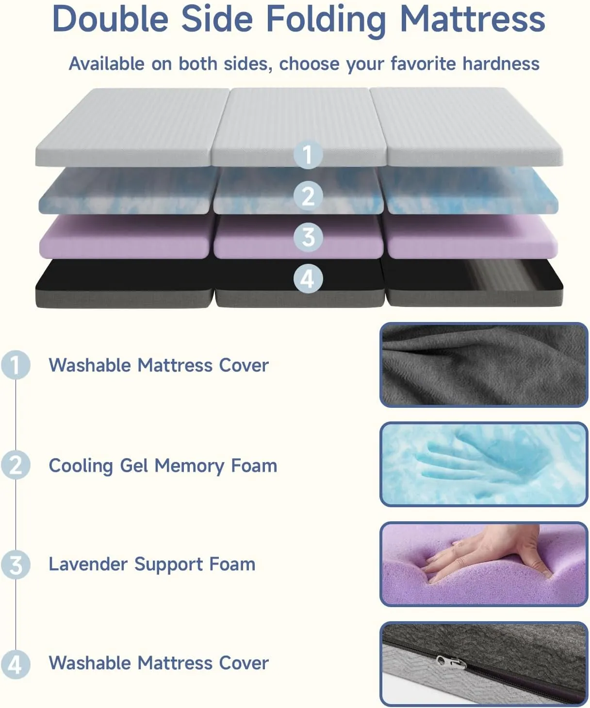 Tri-Fold Bamboo Memory Foam Mattress, 4 Inch Twin Folding Mattress Topper with Washable Cover, Reversible Mat with Portable Storage Bag & Handle, Pressure Relief, Travel and Guest Pad
