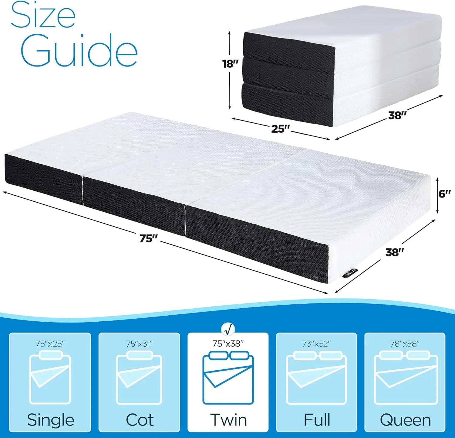 Tri-Fold Memory Foam Mattress, 6 inch Twin Tri-Folding Memory Form Mattress, Collapsible and Washable Cover, Travel and Guest Mat,75"x38"x6"