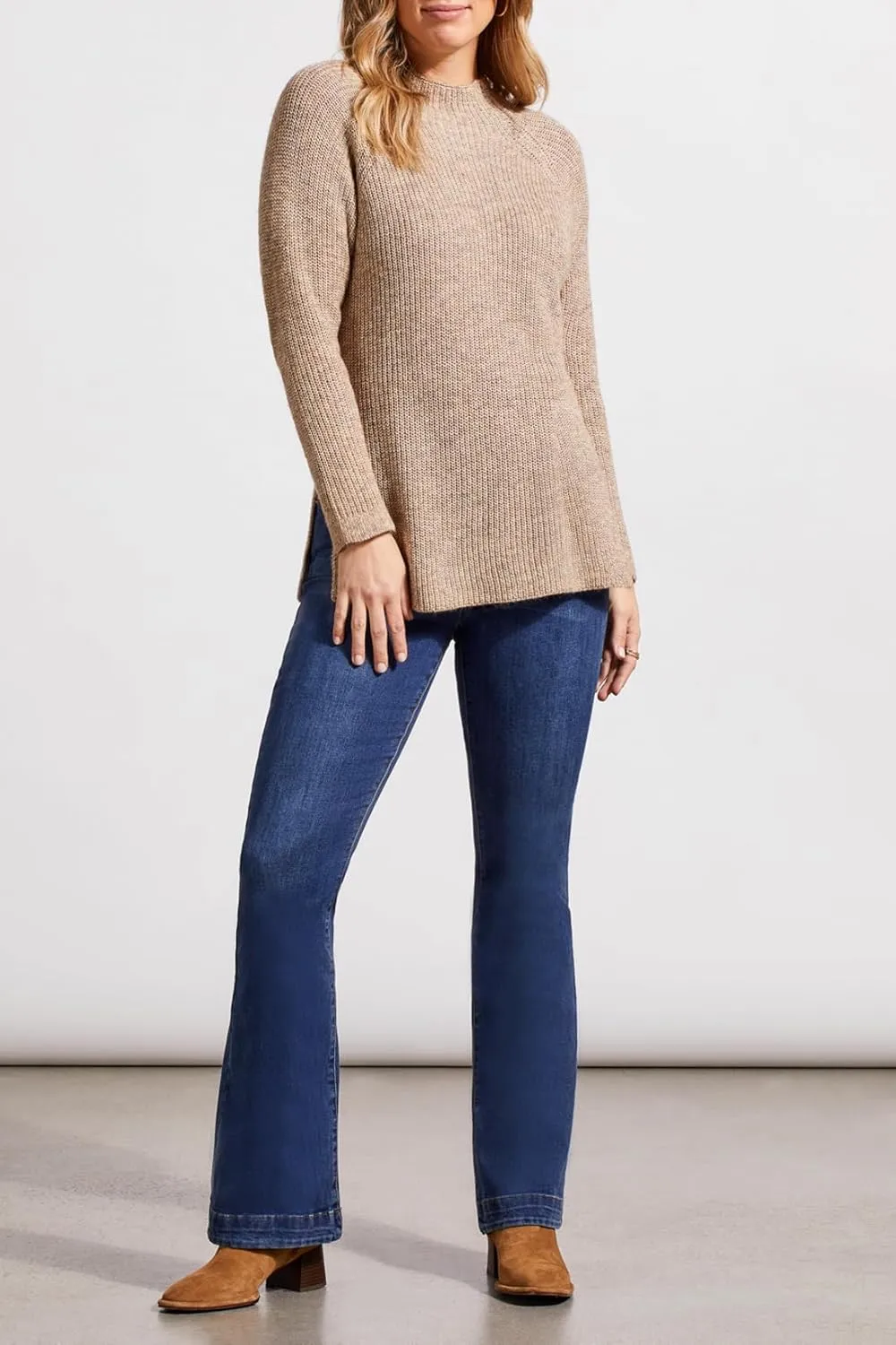 Tribal Women's Mock Neck Heathered Knit Long Tunic Sweater with Slide Slits