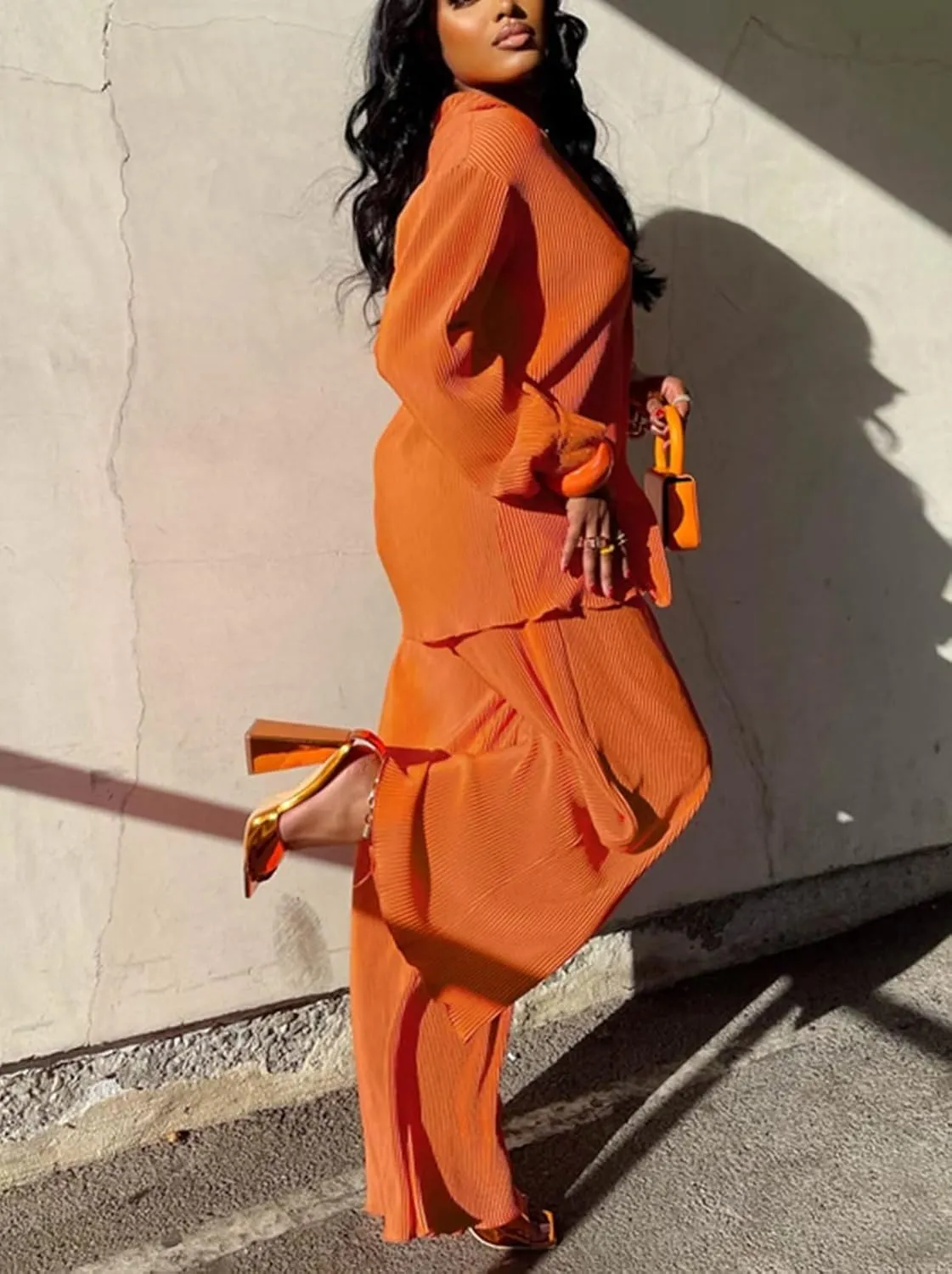 Two Piece Pants Set for Women Going Out - Linen Long Sleeve Button Down Shirt   Flare Pleated Wide Leg Pants Sets