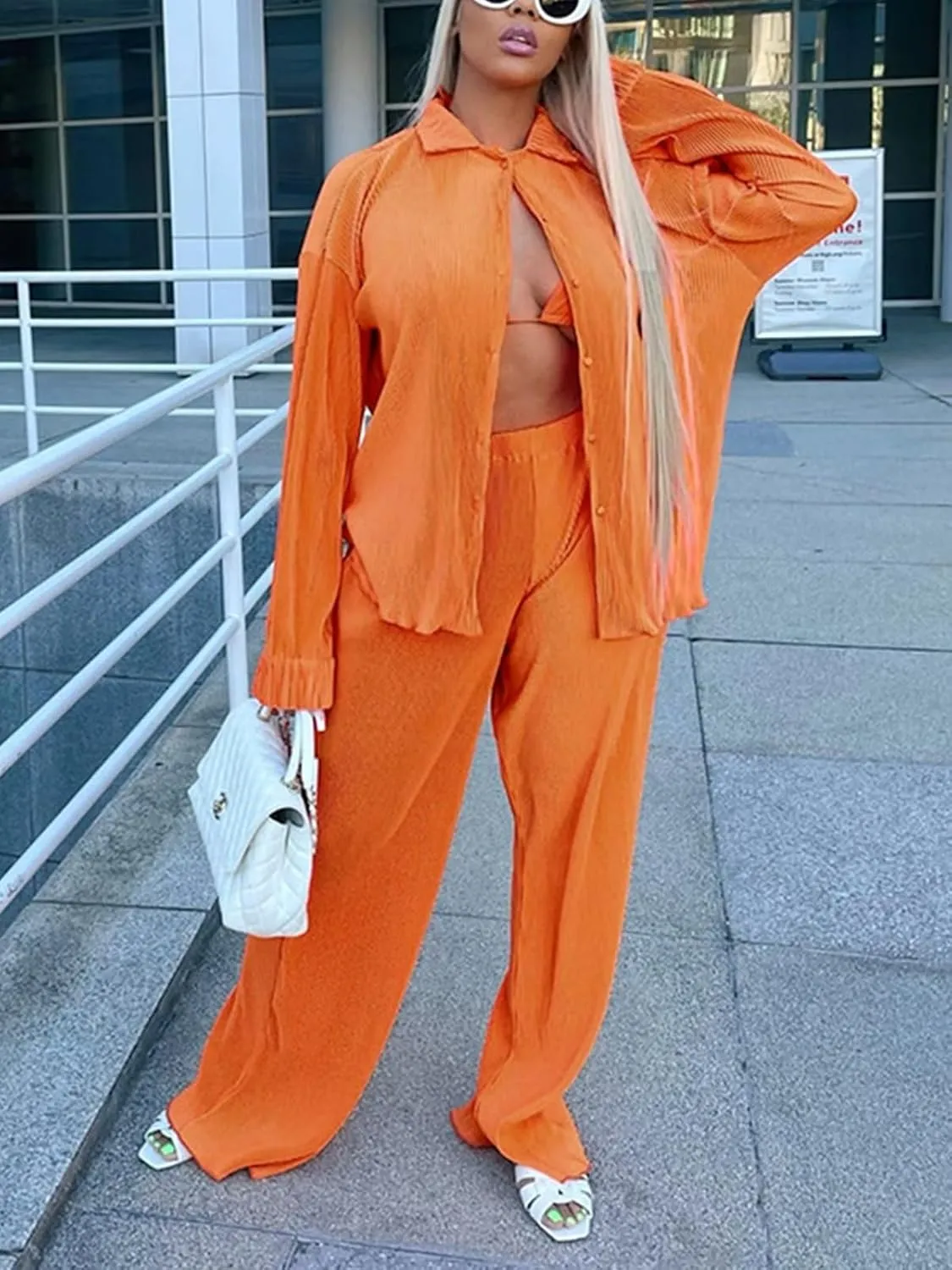 Two Piece Pants Set for Women Going Out - Linen Long Sleeve Button Down Shirt   Flare Pleated Wide Leg Pants Sets