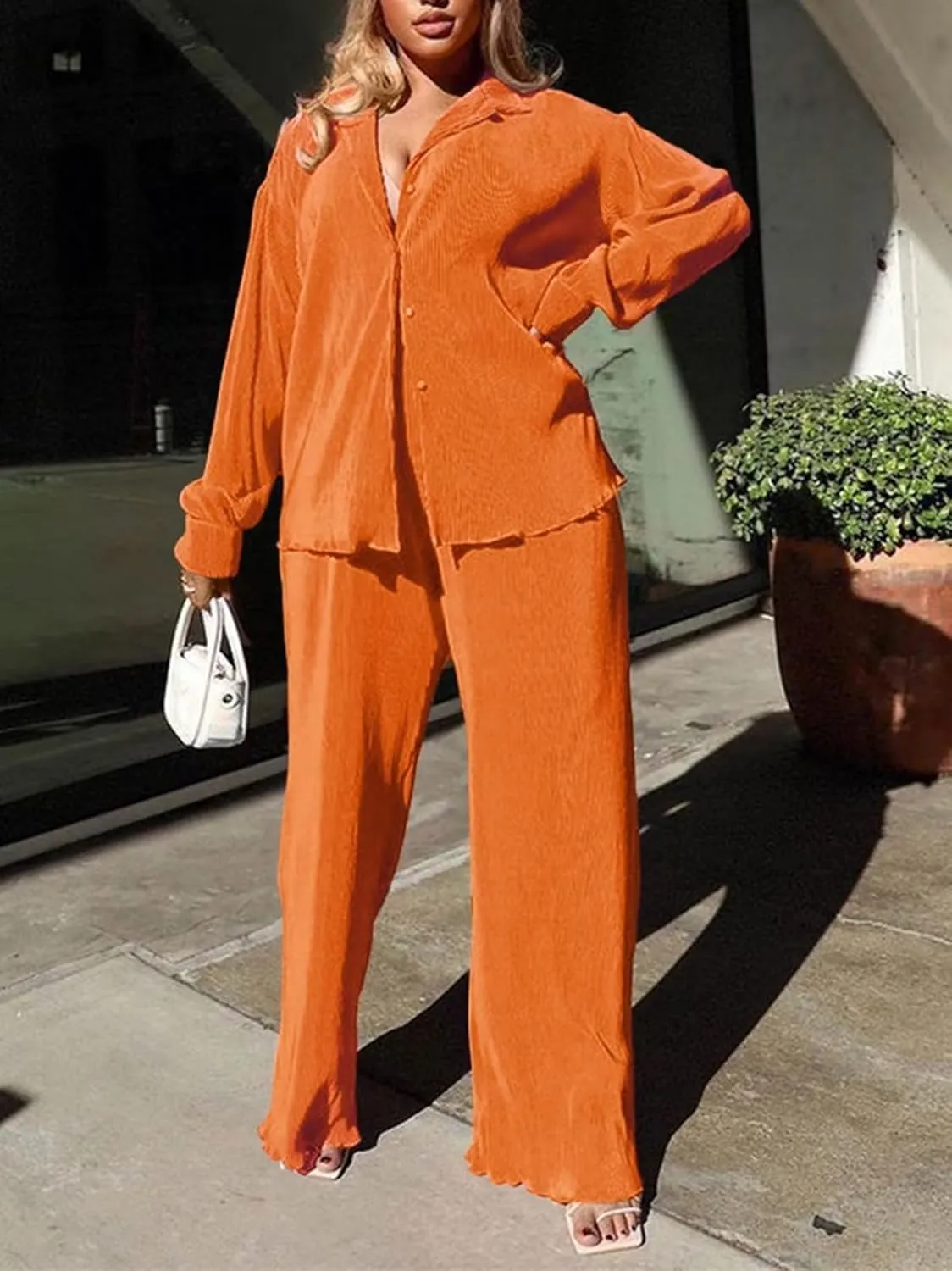 Two Piece Pants Set for Women Going Out - Linen Long Sleeve Button Down Shirt   Flare Pleated Wide Leg Pants Sets