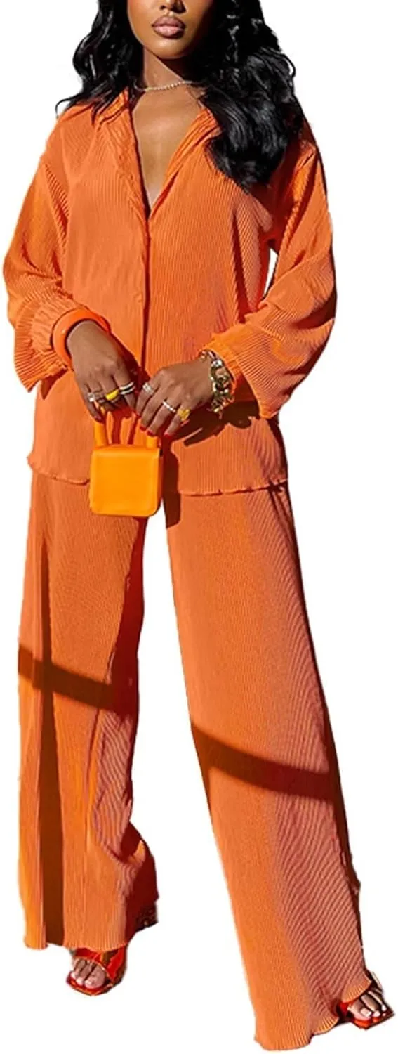 Two Piece Pants Set for Women Going Out - Linen Long Sleeve Button Down Shirt   Flare Pleated Wide Leg Pants Sets