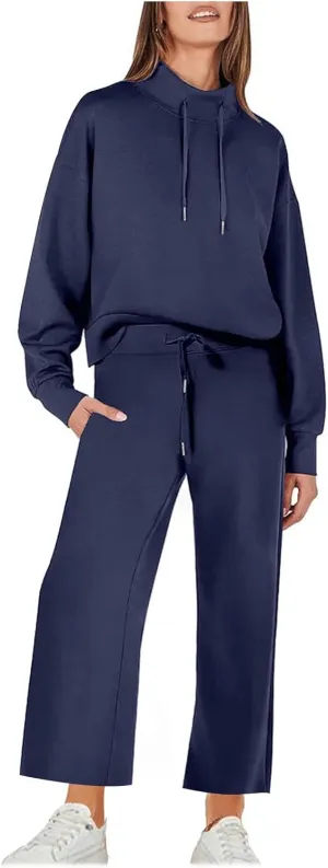 Two Piece Sets for Women Athletic Clothing Sets Fashion Casual Mock Neck Drawstring Sweatshirt Matching Sweatpants